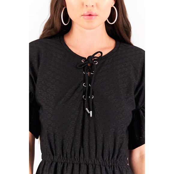 Michael Kors Dress Womens Medium Black Flutter‎ Sleeve Front Tie Mini Whimsigoth - Picture 2 of 11